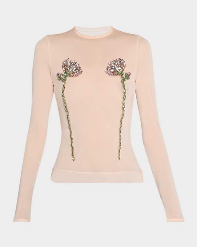 Sheer Fitted Ballet Mesh Crystal Flowers Top